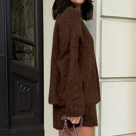 Chocolate Brown Casual Women's Knitted Sweater And Mini Skirt Set - Picture 2 of 3